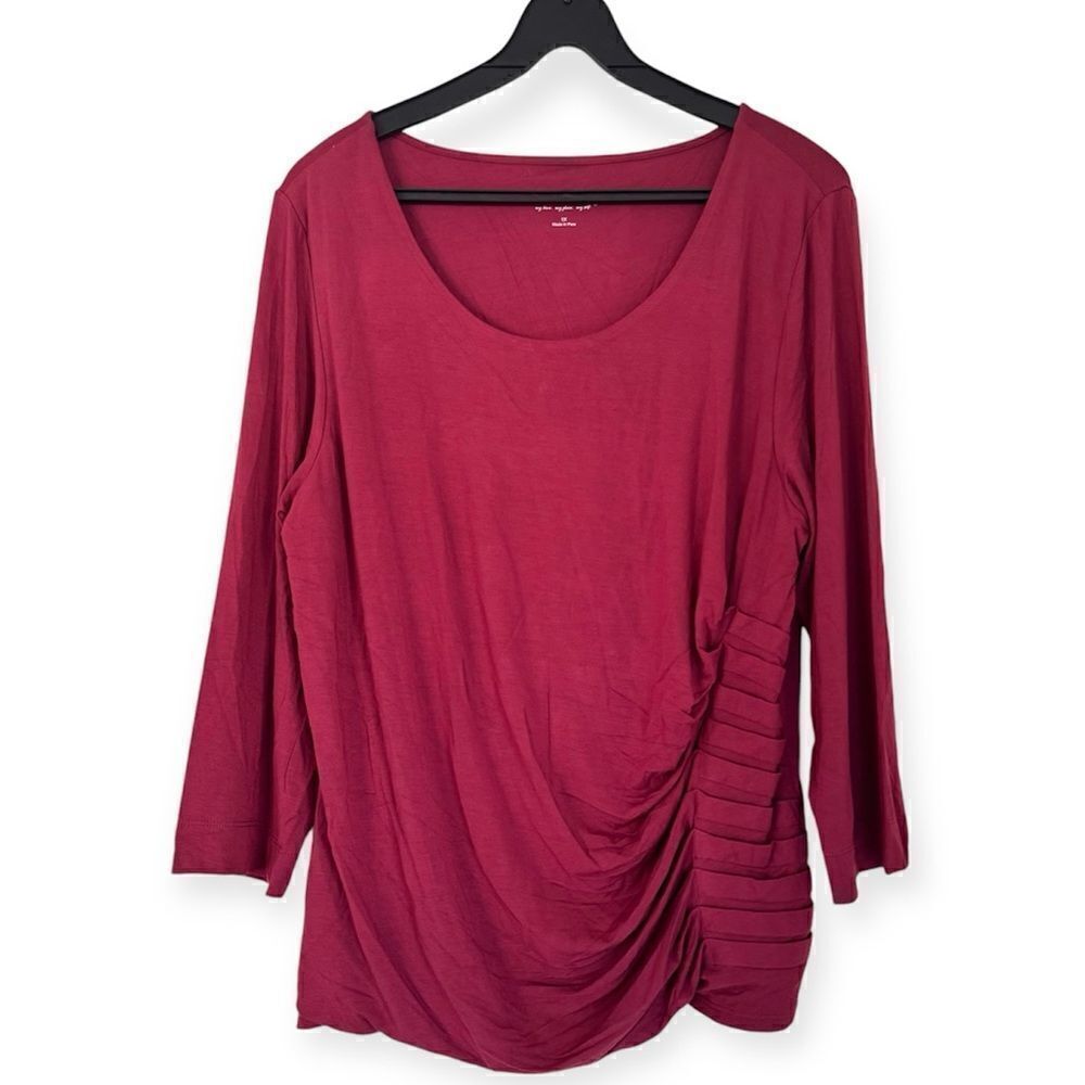 Soft Surroundings Elisa Merlot Ruched Scoop Neck 3/4 Sleeve Top Size 1X